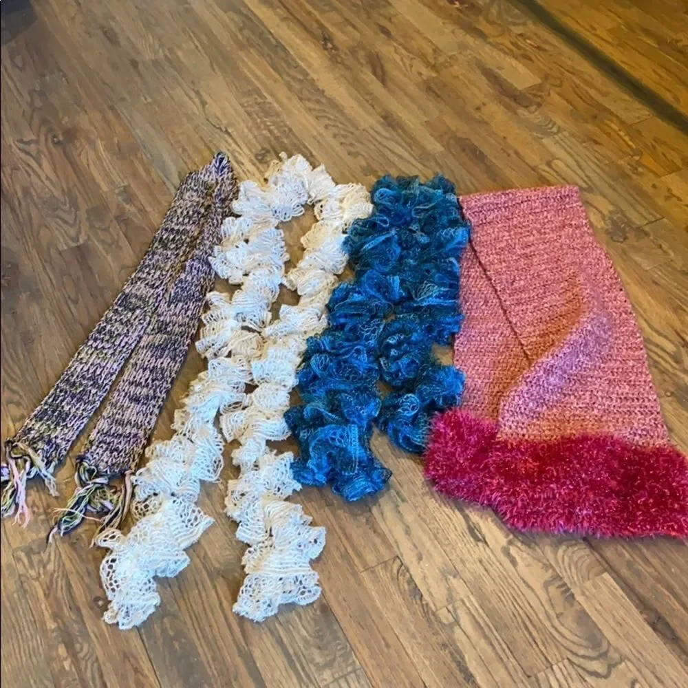 4 Handmade knitted, crocheted, scarfs bundle of 4